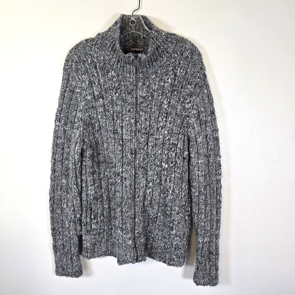 Express Heritage Sweater Men's L Gray Marled Wool Alpaca Blend Full Zip Preppy